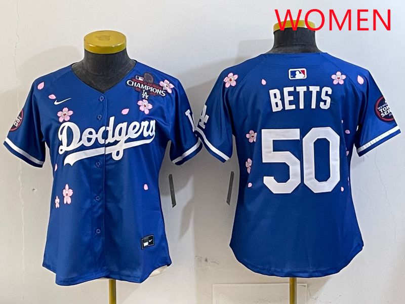 Women Los Angeles Dodgers #50 Betts Blue Sakura Edition 2025 Nike MLB Jersey style 3